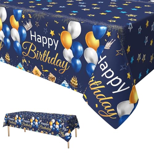Xinvery Blue Gold Party Tablecloth Happy Birthday TableCloth Balloons Star Table Covers Plastic Rectangular Tablecloths for Boys Men Birthday Baby Shower 137 x 274cm