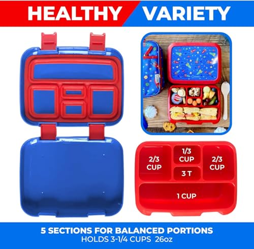 Image of kinsho Bento Lunch Boxes for Boys Toddlers, 5 Portion Sections Secure Lid, Snack Container, Microwave Safe BPA Free Removable Plastic Tray, Pre-School Kid Daycare Lunches, 2 Pack Dinosaur + Rocket