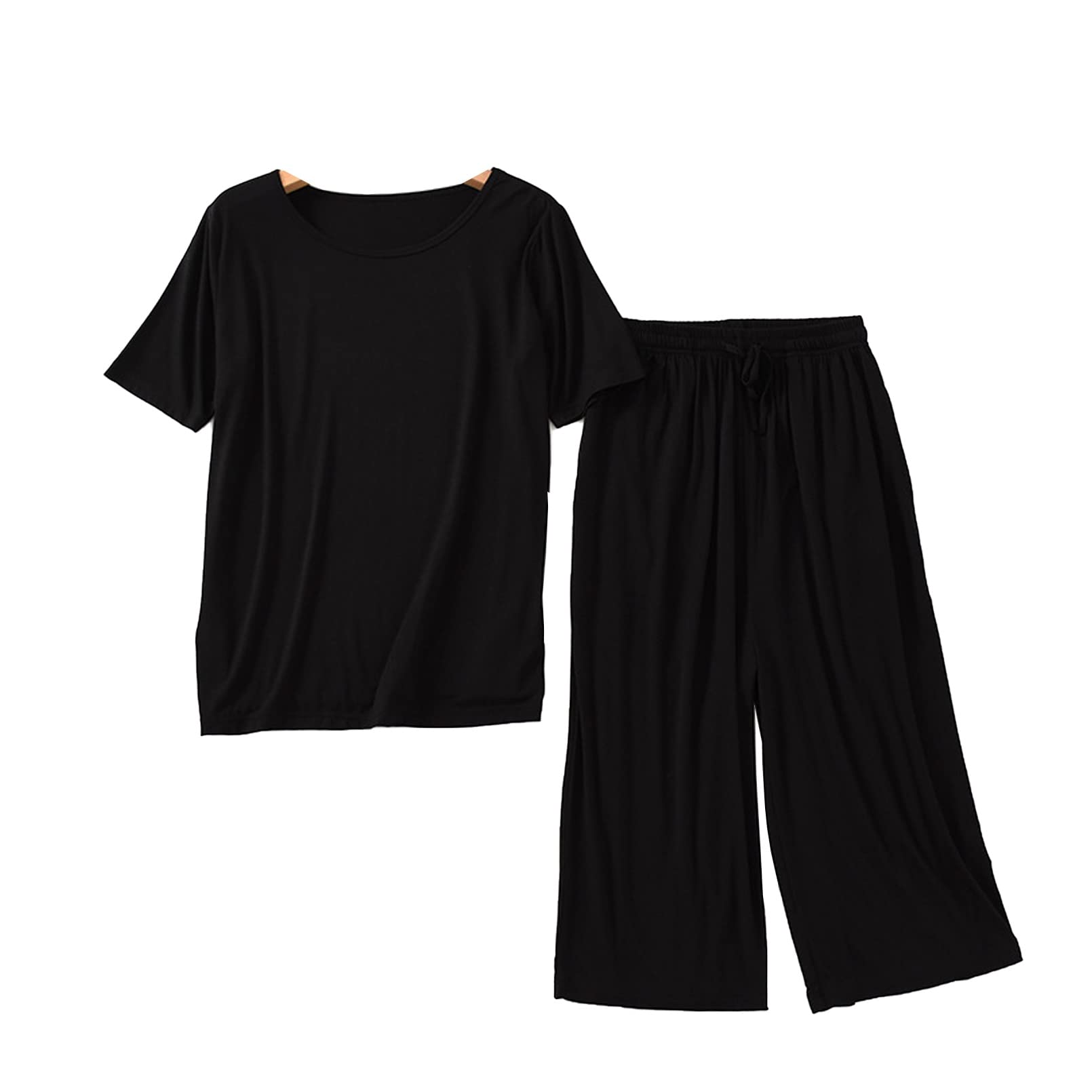 Women's Modal Sleepwear Summer Capri Pajama Sets Short Sleeve Nightwear Lounge Loungewear Pjs Sets (Color : Black, Size : L)