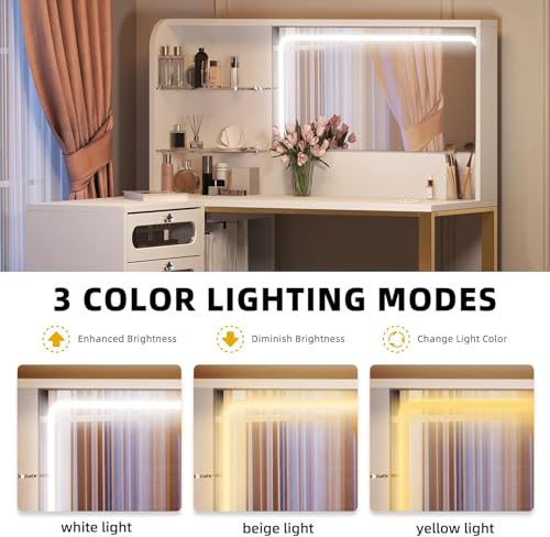 DWVO Vanity Desk with Drawers & LED Lighted Mirror 3 Lighting Mode & 48" L Shaped Corner White Vanity Set with Stool, 5 Acrylic Drawer Cabinet, Stylish Bedroom Makeup Table Set, White