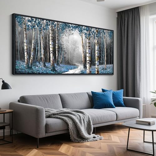 Image of HKDGOKA Large Landscape Wall Art, Gray Blue Birch Tree Abstract Canvas Painting Picture Modern Misty Forest Artwork Framed for Living Room Bedroom Office Kitchen Home Wall Decor 71 inchx32 inch