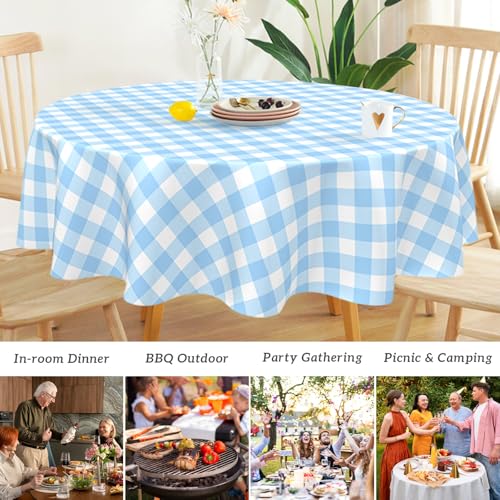 Image of Mulbozy 2 Pcs Light Blue Gingham Round Plastic Tablecloth Disposable
