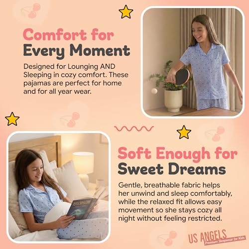 Image of US Angels Girls Pajama Set 3 Piece, Short Sleeve Button Down PJs with Shorts & Pants, Soft Sleepwear Girls & Tweens Size 5-16