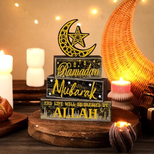 Moucuny 4 Pcs Ramadan Mubarak Table Decor Wooden Eid Mubarak Tabletop Signs for Home Black and Gold Muslim Islam Ramadan Mubarak Centerpiece for Islamic Gifts Kareem Home Table Decor