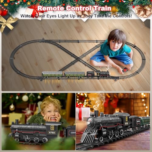 Image of Electric Train Sets Remote Control for Kids Metal Alloy Christmas Train Toys Steam Locomotive Glowing Passenger Carriages Luxury Tracks Light & Sounds Rechargeable Birthday Gifts for Boys Girls Green