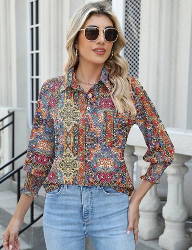 Kistore Womens Button Down Shirts 3/4 Sleeve Smocked Cuffed Business Work Tunic Top with Pocket Collared Blouses2