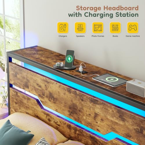 Image of Homkdom Twin Metal Bed Frame with LED Storage Headboard & USB Outlets Brown | Underbed Storage for Saving Space, Noise-Free Quiet Sleep Setup for Teens Room, College Dorms & Small Studio Apartments