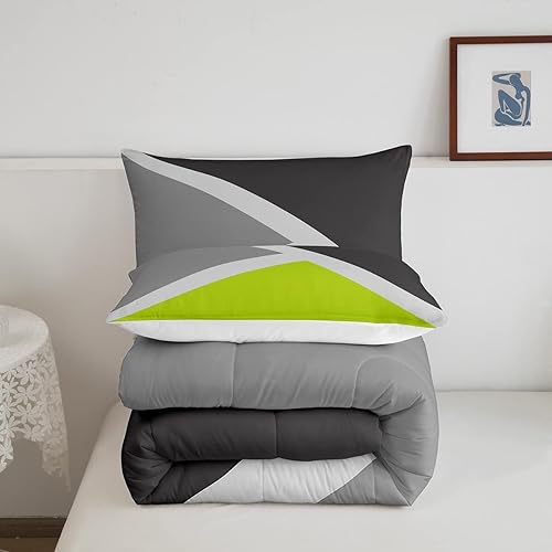 Miniatura 5 de Erosebridal Juego de edredón geométrico de retazos, color verde lima, gris, gris oscuro y gris claro, juego de ropa de cama geométrica triangular,