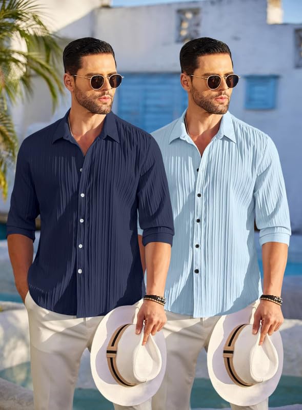 Image of FINIVO FASHION Men's Cotton Blend Shirt Set Lightweight, Full Sleeves, Plain Texture, Button Closure, Summer Ready (Pack of 2)