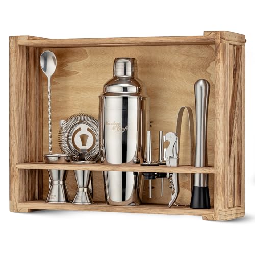 Mixology Bartender kit : Barre de 11 pièces Ustensiles de Cuisine avec support en bois rustique – Perfect Home Appli kit et ensemble de Shaker à cocktail pour une expérience remarquable Drink
