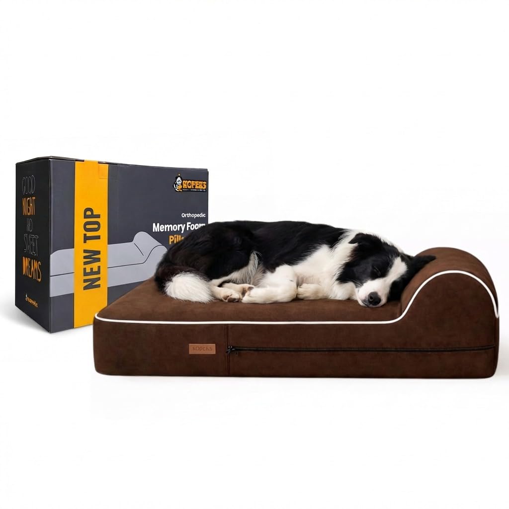 5.5 Inch Thick High Grade Orthopedic Memory Foam Dog Bed With Pillow and Easy to Wash Removable Cover with Anti-Slip Bottom. Free Waterproof Liner Included - for Large Breed Dogs