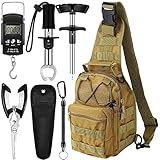 Hungdao 7 Pcs Fish Hook Remover Tools Kit Fishing Backpack Digital Fish Scale Fish Gripper Fishing Pliers Sheath Fishing Tool Lanyards Fish Hook Separator for Saltwater Freshwater (Khaki)