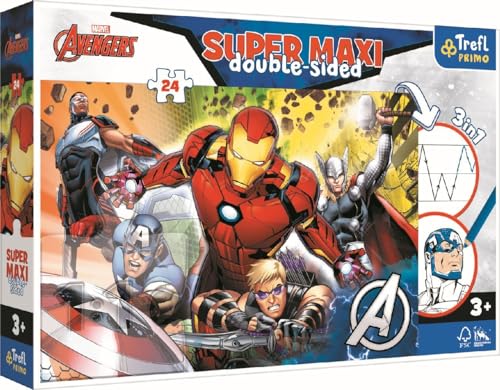 Trefl Primo - Marvel Avengers, Strong Avengers - 3in1: Puzzle 24 Grandi Elementi, Libro da Colorare, Gioco con Elementi da Colorare,con Fiabe, Divertimento per bambini dai 3 anni