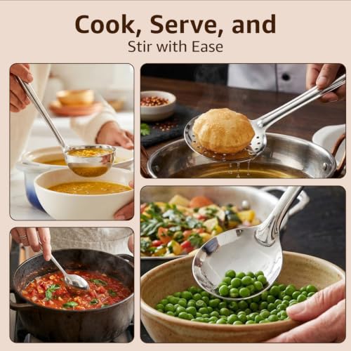 Image of Amazon Basics Stainless Steel Cooking Spoon Set 10 Pieces | Kitchen Utensil Set with Ladle, Turner, Strainer, Rice Spoon, Oval Spoon & Serving Spoons | Durable Food-Grade Steel | Rust Resistant | Easy to Clean | Hanging Design