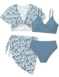 Girls Swimsuit 4 Piece Bathing Suits for Teens Blue Floral Print Twist Criss Cross Bikini Set with Kimono Cover Up Teen Swimsuits 12-14 Girls' Swimwear 13-14