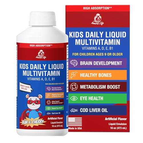 Amore Life Daily Liquid Multivitamin for Kids, High Absorption with Liquid Vitamin A, D, E, B1 and Cod Liver Oil for Kids, Vitamin Supplements, Family Friendly, 16oz, Cherry Flavor