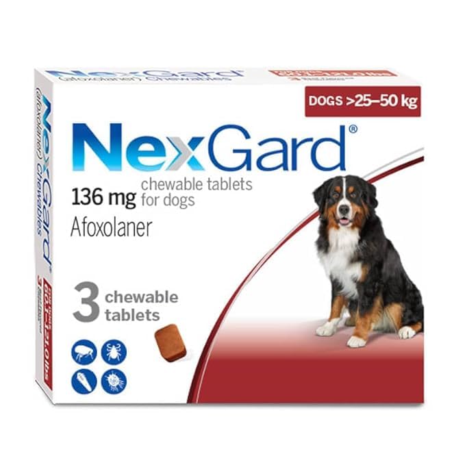 Image of Nexgard Chewable Tablet | Kill Ticks | Fleas | Lice | 136mg | 25-50 kg Body Weight (Pack of 3 Tablets) by Abjinder & Daughters