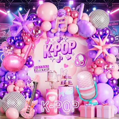 K-pop Music Theme Birthday Decorations 146Pcs Pink and Purple Balloon Garland Arch Kit with Music Note Disco Ball Exploding Star Foil Balloons for K-pop Disco Music Prom Girls Birthday Party