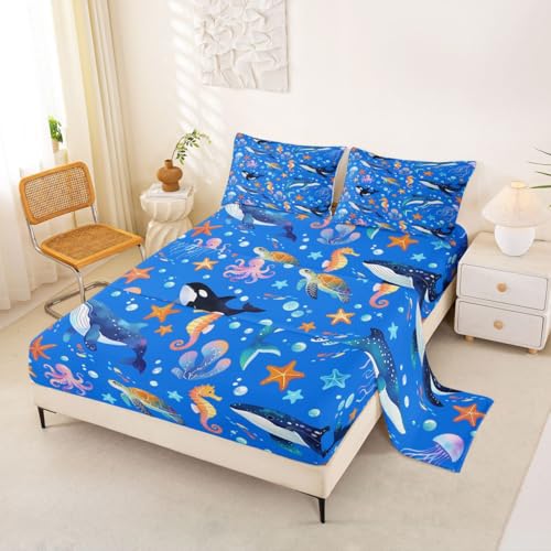 Homemissing Juego de sábanas de tiburones, tamaño individual, para niños y niñas, lindo pulpo, tortuga marina, medusas, caballito de mar, océano, animales marinos, con bolsillos de 40.6 cm de