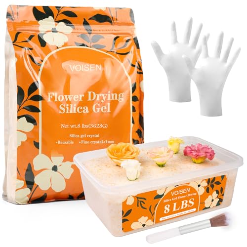 VOISEN Silica Gel Flower Drying 8LBS Flower Drying Silica Gel Crystals Color Indicating Flower Preservation Kit Contains Flowers Desiccant Brush Gloves Plastic Box