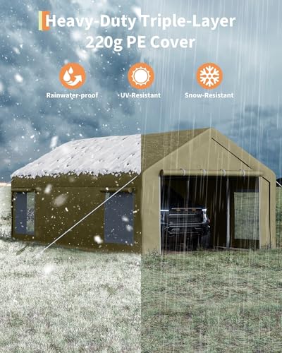 Image of GarveeLife 13x25 ft Carport with 10 Sandbags, Car Port with 220 g PE Tarp, 2 Roll-Up Doors, and 4 Windows, for Full-Size Pickups, Bass Boats, Tractors, and SUVs, Khaki