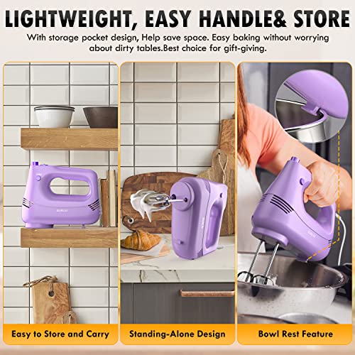 Image of Electric Hand Mixer with Stainless Steel Whisk, Dough Hook Attachment and Storage Bag, Handheld Mixer for Baking Cakes, Eggs, Cream Food Mixers. Turbo Boost /5 Speed Kitchen Blender PURPLE