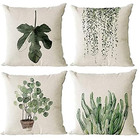 Monkeysell Decorative Throw Pillow Covers, 4 Pack of Green Plant Pattern Cotton Linen Throw Pillow Case Cushion Cover Home Décor Sofa Decorative Pillow 20x20 Inch Cover