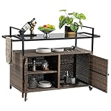 Ajikgn Outdoor Wicker Bar Cart, Patio Wine Serving Cart w/Wheels, Rolling Rattan Beverage Bar Counter Table w/Glass Top for Porch Backyard Garden Poolside Party, Light Brown