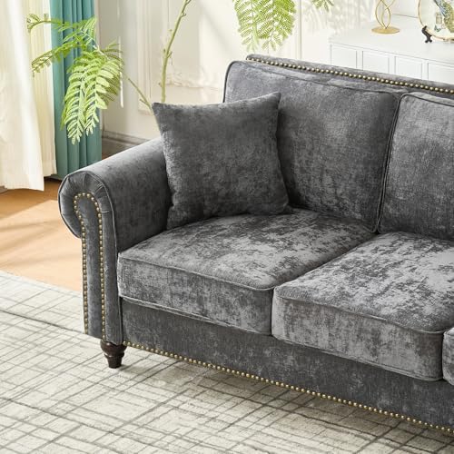 Image of KEIKI 64 inch Oversized Chenille Loveseat Sofa with Rolled Arms and Nailhead Trim, Upholstered Modern Style 2-Seater Couch with High-Density Foam Cushions, Easy Assembly, for Apartment, Living Room, Grey
