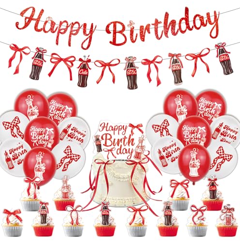 Soda Happy Birthday Decorations Set - 33PCS Soda Happy Birthday Banner 18 Latex Balloons Cake & Cupcake Toppers Dirty Soda Bar Sign Red Coquette Soda Pop Theme Birthday Party Decorations Red Glitter