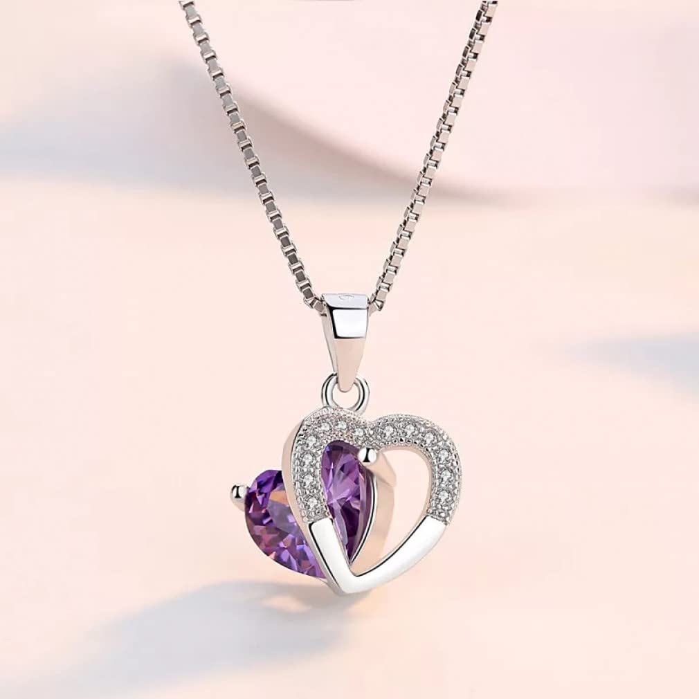 Collana con Pendenti a Doppio Cuore in Argento Sterling 925 Collana con Ciondolo a Forma di Goccia di zirconi Viola da Donna