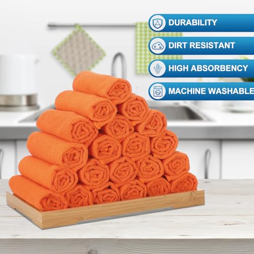 Image of Tenare 100 Pack 12'' x 12'' Microfiber Cleaning Cloths Reusable Cleaning Rags Bulk Microfiber Towels Softer Highly Absorbent Washcloths for House Kitchen Car Window(Orange)
