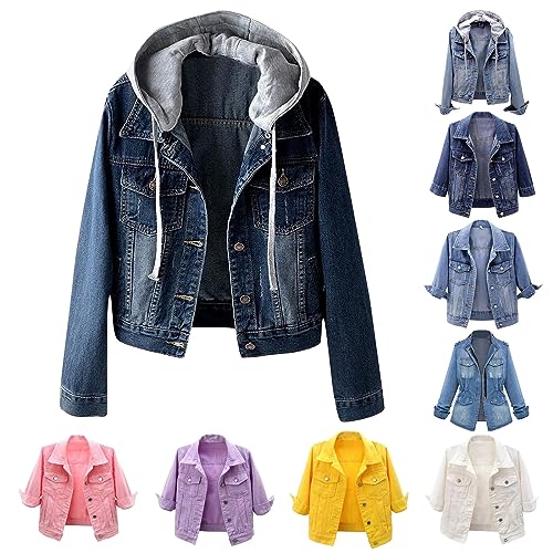 Women's 3/4 Sleeve Short Denim Jackets Light Wash Retro Jean Jacket Button Down Trucker Jacket Lapel Slim Coats3