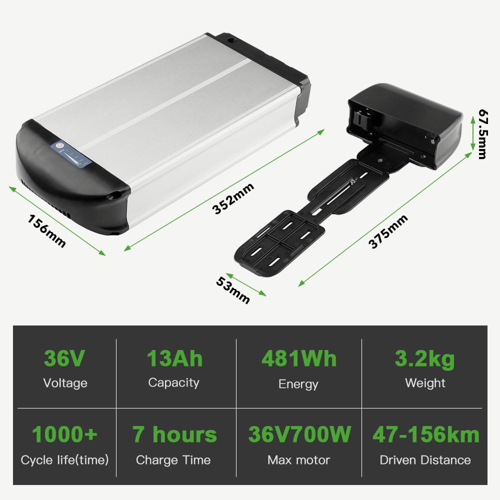 E-Bike Batterie 36V Li-ion Akku Dolphin Gepäckträgerbatterie mit Ladegerät Reflektor, Passend für Phylion/XH370-10J, Zhenlong, Aldi, Alurex, Mifa, Rex, Trio (36V 13Ah Batterie mit Ladegeräte)