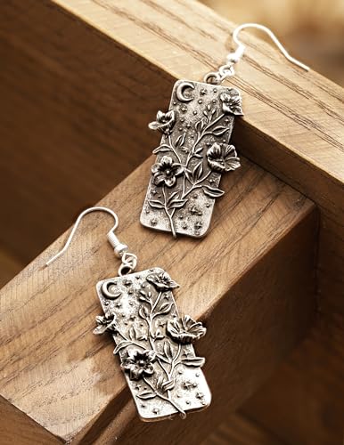 HAQUIL Vintage Antique Garden Night Floral Flower Crescent Moon Rectangle Dangle Drop Earrings Jewelry Gift for Women3