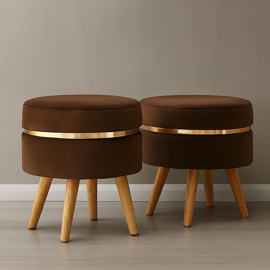 Designer Velvet Set of Two Ottoman with Gold Accent & Solid Wood Legs – Multipurpose Seating, Footrest, Side Table & Statement Decor for Living Room, Bedroom, Lounge & Entryway (Brown)-image-22