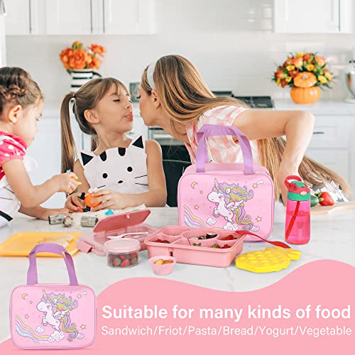 Hiyz Unicorn Lunch Bag Lunch Box Set For Girls - Insulated Cooler Bag With 5 Compartment Lunch Bento Box Water Bottle Ice Pack Silicon Cap Salad Container For Kids #TOP3