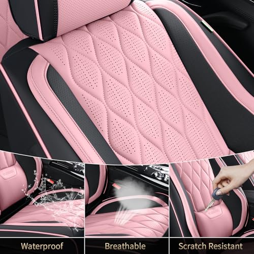 Image of FLORICH Seat Covers Full Set Leather Pink Seat Covers for Cars Front and Rear 5 Seats Waterproof Vehicle Seat Cover with Lumbar Support Universal Fit for Most Cars Sedans Trucks SUV, Black&Pink