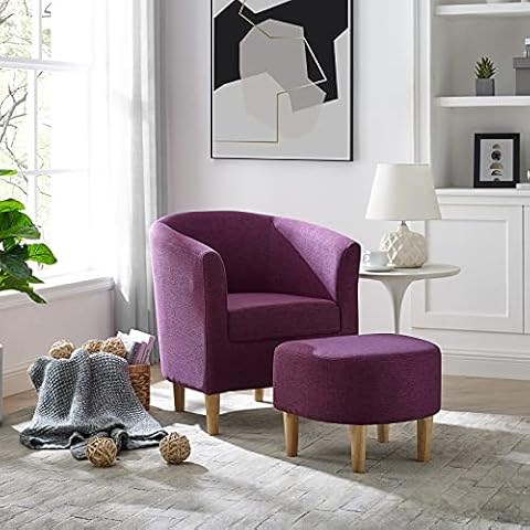LEUTED Sillón de oreja con taburete, acolchado de tela de lino Cover
