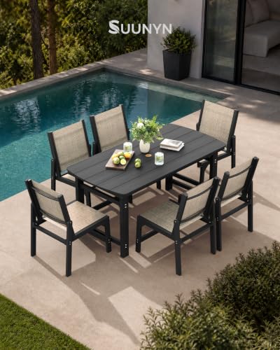 Image of HDPE Outdoor Patio Dining Set with Table & 6 Stackable Armless Textilene Chairs, All-Weather 7-Piece Dining Table Set with Umbrella Hole, Patio Furniture for Garden, Poolside, Backyard, Deck | Black