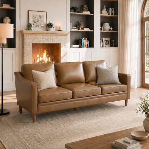 Kingfun 80" Faux Leather Sofa, 3 Seater Couch, Mid Century Modern Couches with Solid Wood Legs for Living Room & Bedroom, Brown