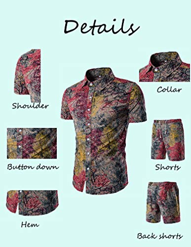 Tebreux Men's Floral Outfits 2 Piece Shirts And Shorts Suit Button Down Hawaiian Tracksuit Red M #TOP2