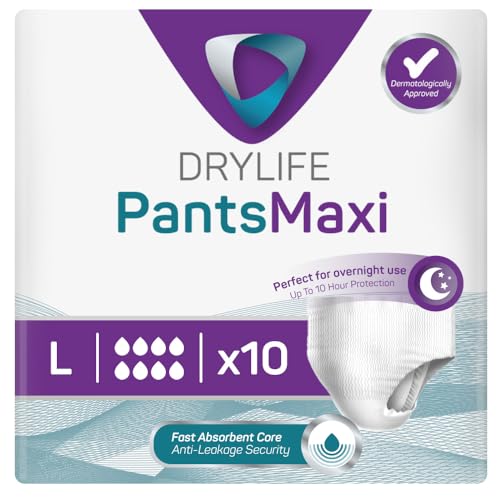 Drylife Pants Maxi Disposable Pull-Up Unisex Incontinence Pants | Dry Feel Technology, Anti-Leak Security, Kind to Skin Soft Breathable Material - Large (1 Pack of 10)