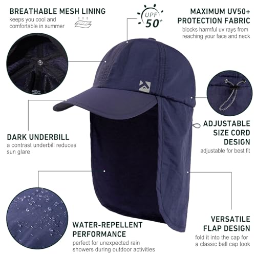 Image of TOP-EX L /XL /XXL UV50+ Waterproof Neck Flap Baseball Sun Cap | Large-head fit; UPF 50+ ear and neck coverage; waterproof shell; adjustable drawcord for fishing, hiking and outdoor work