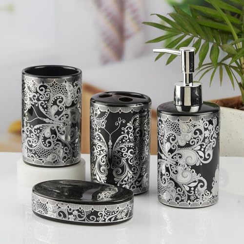 Image of SaSaSa Ceramic Bathroom Accessories Set of 4 Modern Bath Set with Soap Dispenser & Toothbrush Holder, Luxury Home & Gift Idea, Black /Silver (10461)