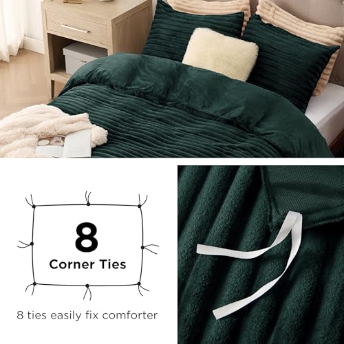 Bedsure Fluffy Duvet Cover Set - Ultra Soft Plush Shaggy Comforter Cover Queen Size, Warm Flannel Fleece Bed Sets for Winter, 3 Pieces (Striped Pattern, Forest Green)