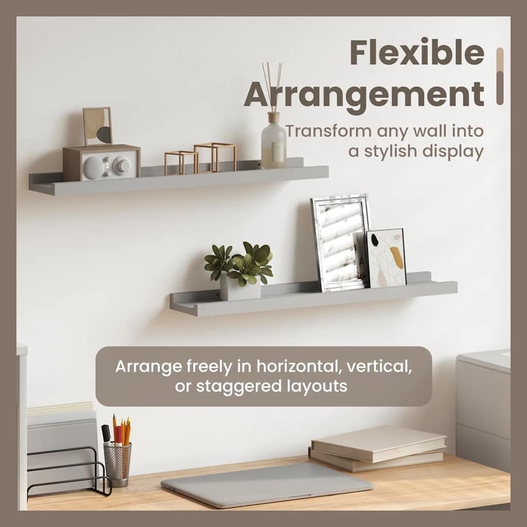 vidaXL 2 pcs Picture Frame Ledge Shelves 23.6"x3.5"x1.2" - Wall-Mounted Display Ledges - Gray Lacquered MDF - Modern Home Décor - Easy to Install