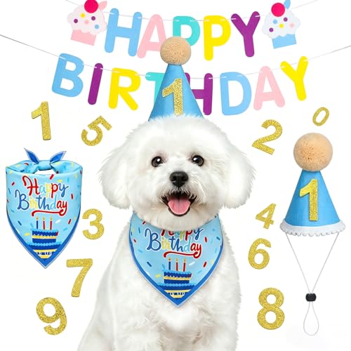 Supet Dog Birthday Decorations for Small & Large Dogs Dog Boy Girl Birthday Kit with Party Hat | Happy Birthday Banner & Bandana 1st Birthday Party Set Pet Birthday Party Supplies (Blue S)