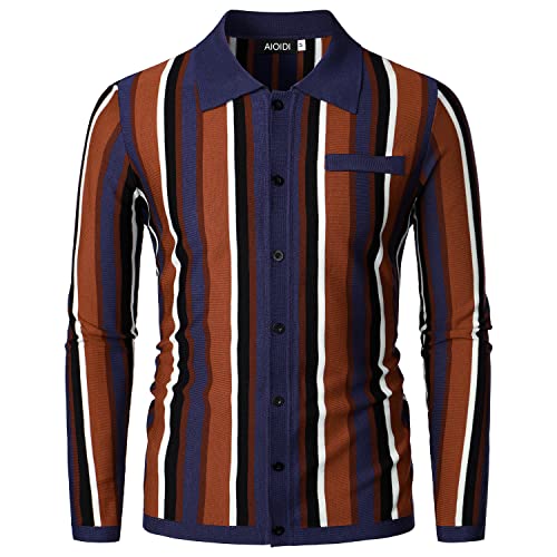 AIOIDI Polo de Punto de Manga Larga para Hombre Slim Fit Button Down Tops a Rayas,Azul,XL Cover