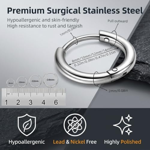 Image of SANNIDHI 4 Pairs Hoop Earrings for Women Men Stylish Stainless Steel 8mm 10Mmm 12mm 14mm Ear Rings Trendy Cartilage Surgical Hoops Earrings for Women Girls Men - Silvercolor